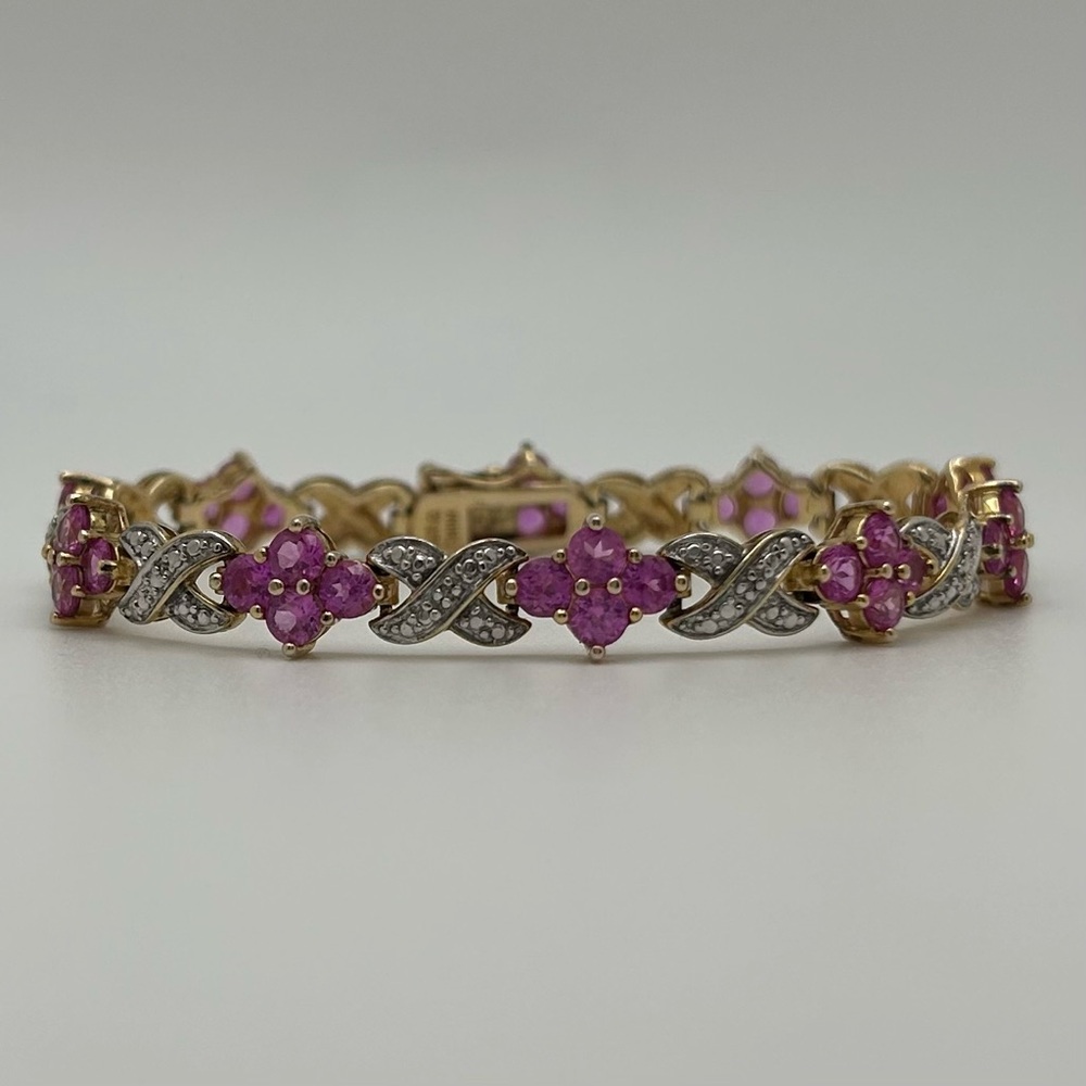 Vintage Sterling Silver Gold Wash Tennis Bracelet with Pink CZ Stones